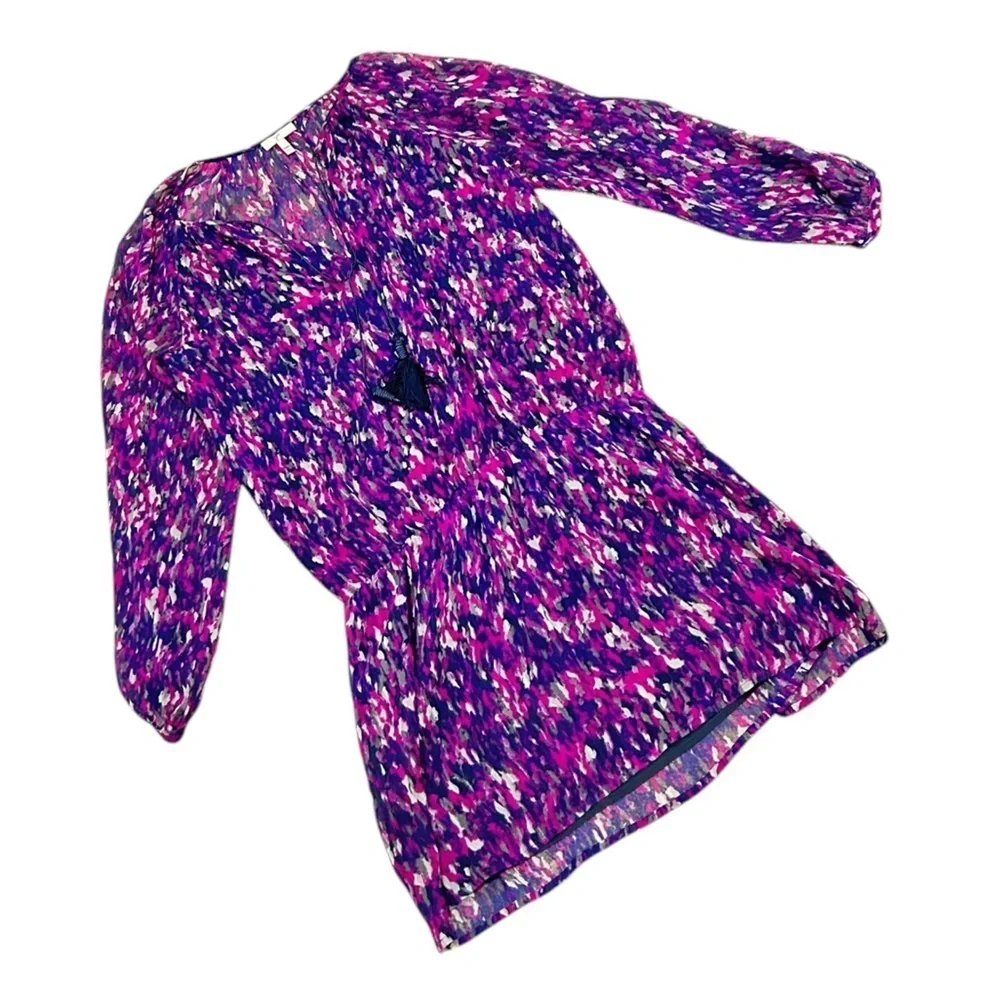 Joie long sleeve silk mini dress sheer Purple/Pink/navy dress tassel tie small - Picture 2 of 11